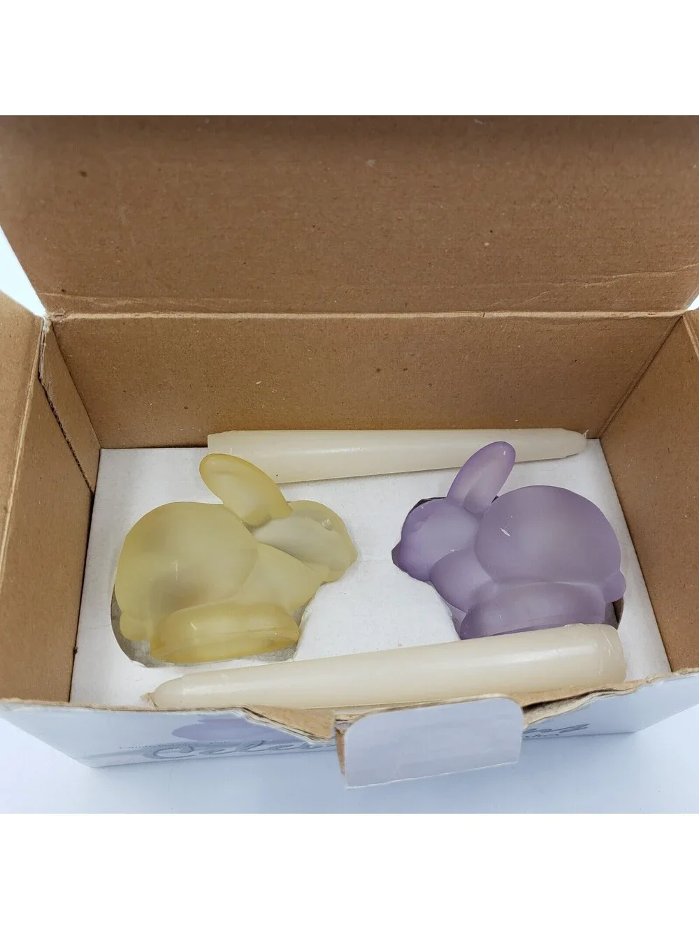 Celebration Taper Candle Holders In Box Frosted Glass Bunny Rabbits Easter